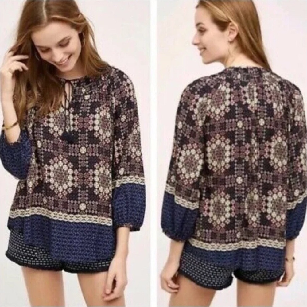 11 1 Tylho Anthropologie XS Geometric Floral Boho Kay Smocked Peasant Blouse NWT